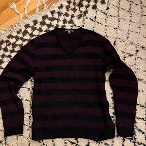 John Varvatos Striped V-Neck Sweater in Black and Plum